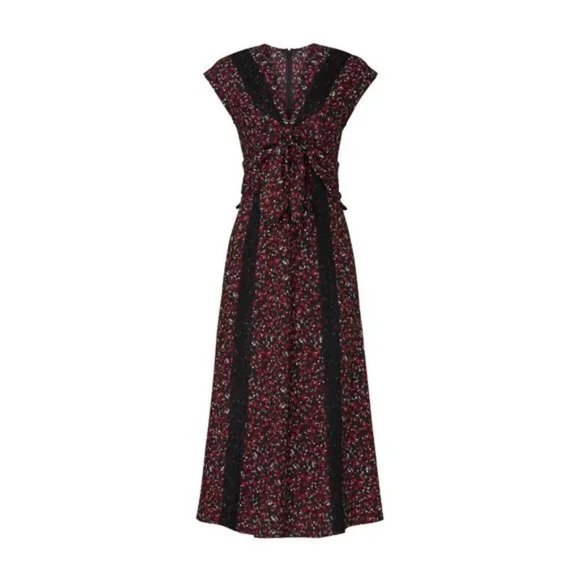 Thakoon Collective Paisley Tie Front Midi Dress Black and Red Floral - Picture 3 of 12